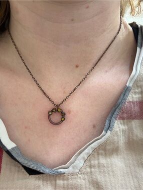 Delicate raw Baltic amber copper Circle Necklace with 5 stone gemstone pendant
